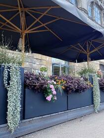 Außengastronomiebereich mit Hohen Pflanzkübeln unter einer Markise, bepflanzt mit einem Mix aus hängenden und stehenden Blumen