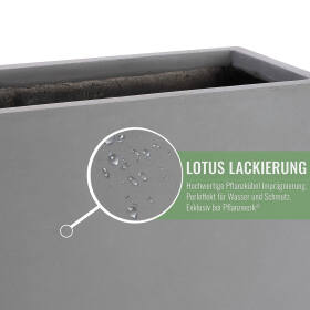 Detailansicht eines grauen Pflanzkübels Cube mit Lotus-Lackierung, die Wasser und Schmutz abweist