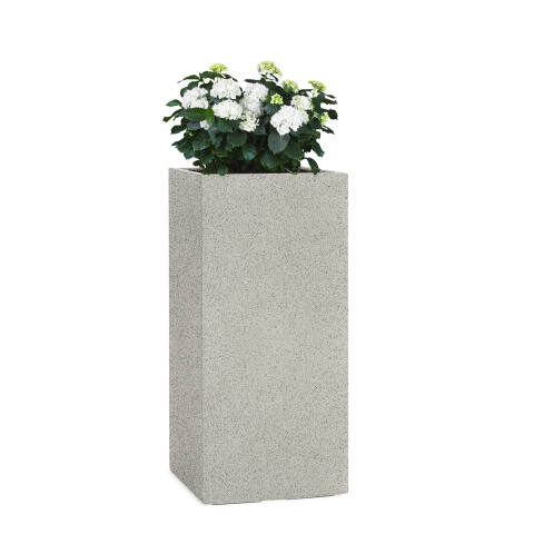 Hoher Pflanzkübel 50cm hoch in der Farbe granit grau mit einer weißen Hortensie bepflanzt