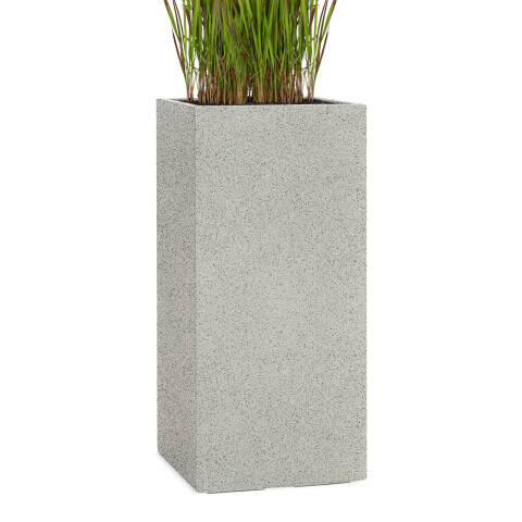 60cm hoher Pflanzkübel in Natursteinoptik granit grau bepflanzt mit Blutgras
