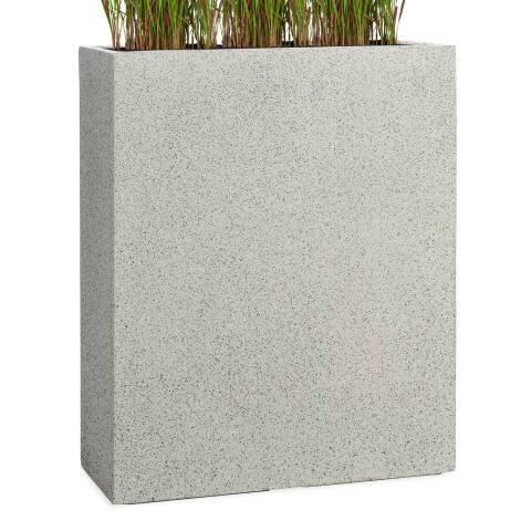 Großer hoher Raumtrenner 92cm hoch und 80cm breit in Natursteinoptik granit grau bepflanzt mit Blutgras
