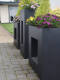 Reihe von modernen, hohen schwarzen Pflanzkübeln Vista mit verschiedenen Blumen und Sträuchern entlang eines gepflasterten Weges