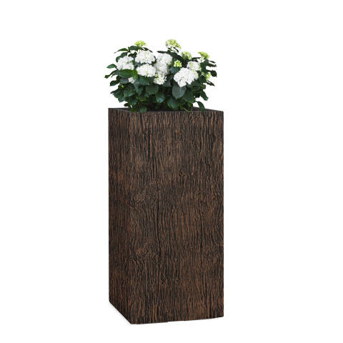 Hoher Pflanzkübel 50cm hoch in Holzoptik wood braun mit einer weißen Hortensie bepflanzt