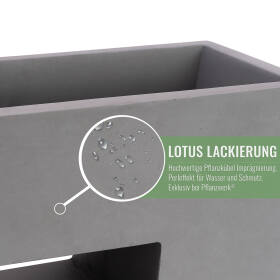 Nahaufnahme eines grauen Vista Pflanzkübels mit Lotus-Lackierung, die vor Wasser und Schmutz schützt mit hochwertiger Imprägnierung