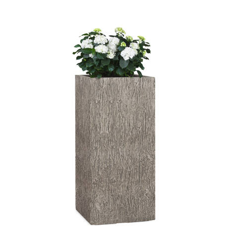 Hoher Pflanzkübel 50cm hoch in Holzoptik wood grau mit einer weißen Hortensie bepflanzt