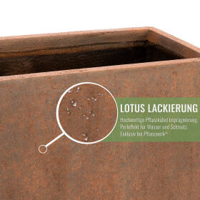 Detailansicht der Oberfläche eines Pflanzkübels Tub in rost mit Lotus-Lackierung, die Wasser und Schmutz abweist