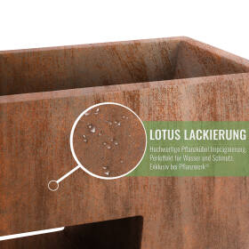 Nahaufnahme eines rost Pflanzkübel mit Fenster Lotus-Lackierung, die vor Wasser und Schmutz schützt