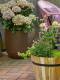 Gartenecke mit Blumen in hölzernen Fass-Pflanzgefäß und rostfarbenen runden Pflanzkübel mit Hortensien neben rosa Gartenstuhl