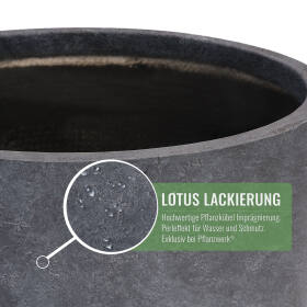Detailansicht eines dunklen lava Pflanzkübels mit wasserabweisender Lotus-Lackierung, gezeigt durch die Abperleffekt der Wassertropfen