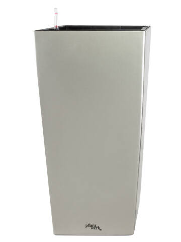Hoher Kunststoff Pflanzkübel Säule mit Bewässerungssystem Modell Square 75cm in metallic grau