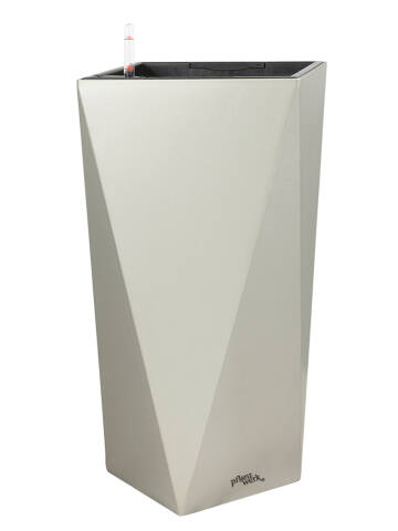 Moderne Kunststoff Pflanzsäule mit Bewässerungssystem Modell Prism 80cm hoch in metallic grau